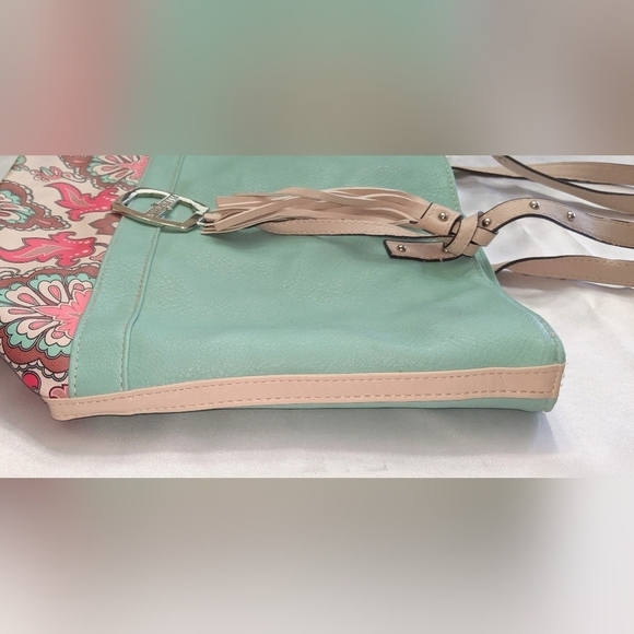 Ellen Tracy Faux Leather Tote Shoulder Bag Purse Turquoise With Floral Trim - Picture 8 of 13